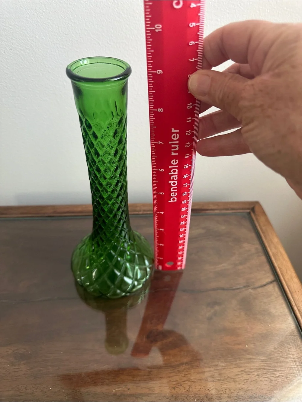 Vintage Hoosier Green Glass Diamond Quilted Bud Vase 9”